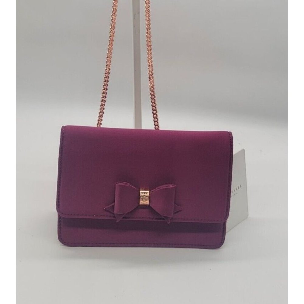 Ted Baker RAACHEL Micro Bow Evening Bag Satin Deep Pink Rose Gold Chain NWT